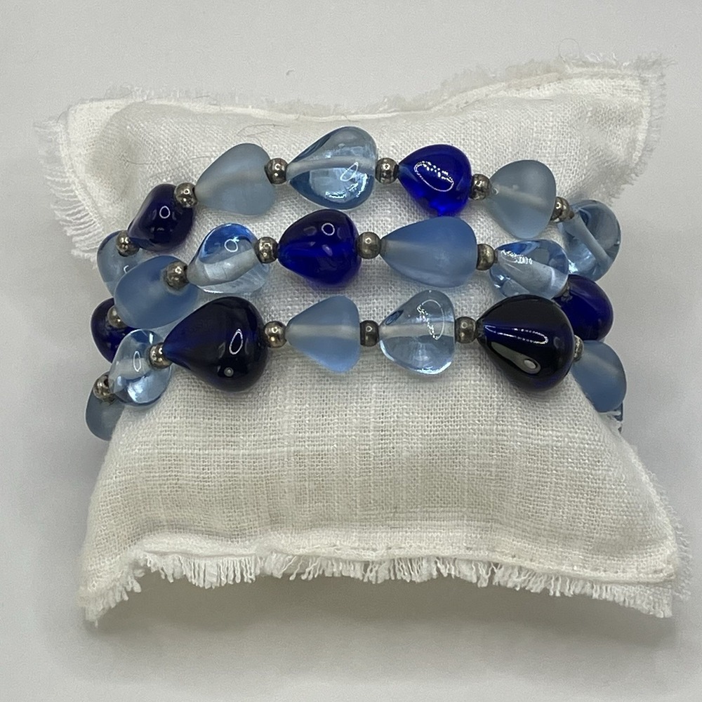 Vtg Napier Bracelet Silver Tone Cobalt Light Blue Glass 3 Strand Chunky Coastal‎